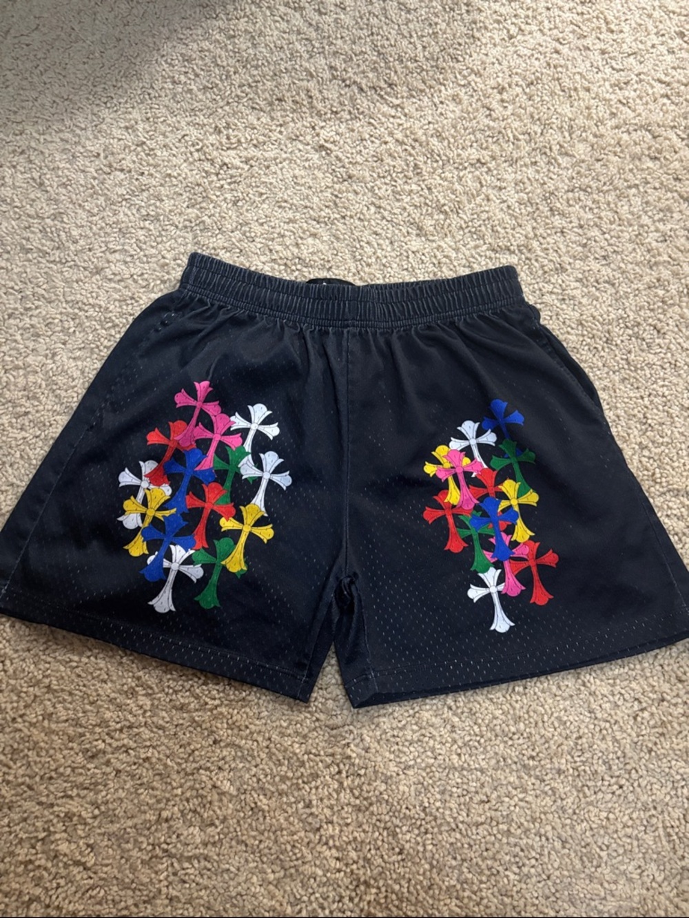 Black Men's Athletic Shorts with Multicolor Cross Motif